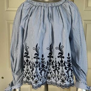 Zara Trafaluc Blue Striped Eyelet Embroidered Boho Tie Sleeve Blouse Size Large